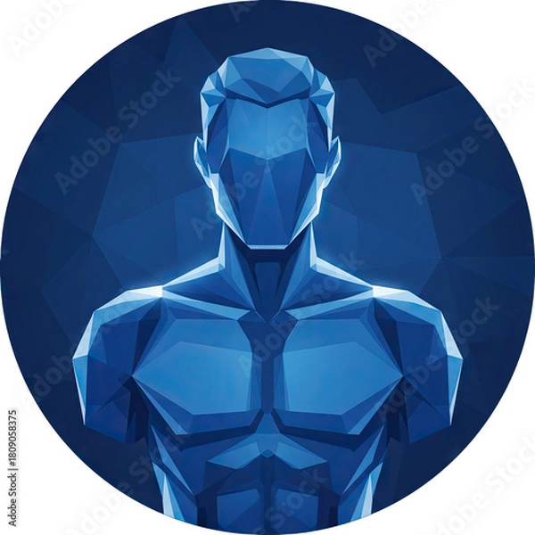 Fototapeta Abstract Blue Geometric Torso Icon With Faceted Surface And Dark Background Minimalist Digital Art
