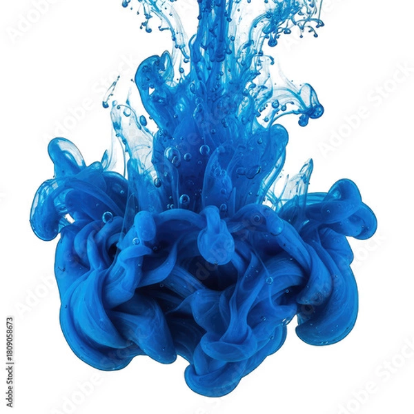 Fototapeta Abstract Blue Ink Cloud Swirling Underwater with Bubbles and Water Droplets Dark Background Macro Shot