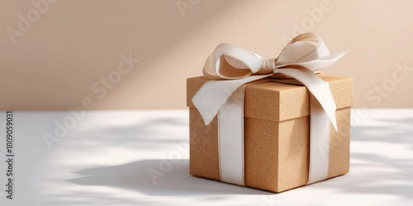 Fototapeta A brown gift box with a white ribbon bow on top is sitting against a soft, beige background