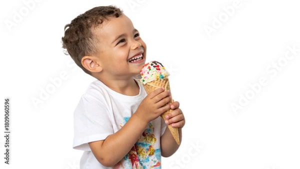 Obraz Joyful child enjoying a colorful ice cream cone  isolated on transparent background
