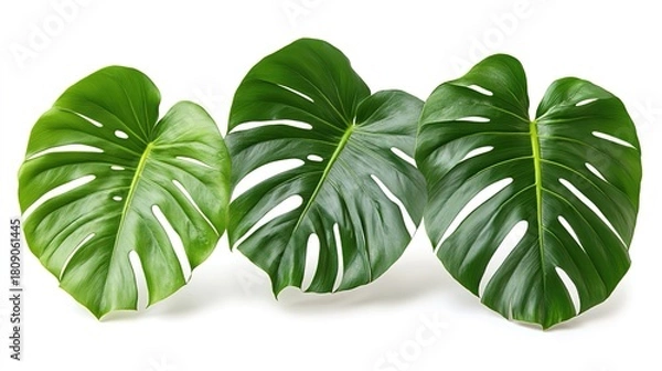 Obraz Three Monstera Deliciosa Leaves on White Background