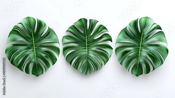 Obraz Three Monstera Deliciosa Leaves on White Background