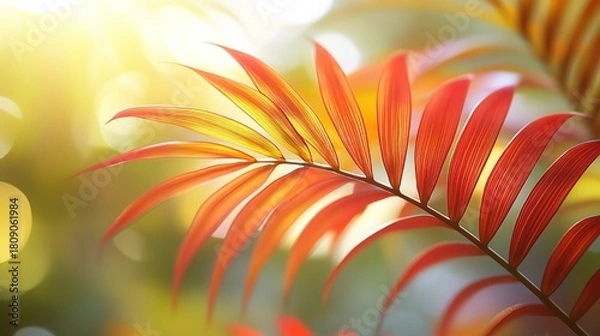 Obraz Palm Leaf with Soft Bokeh in Warm Sunset Light