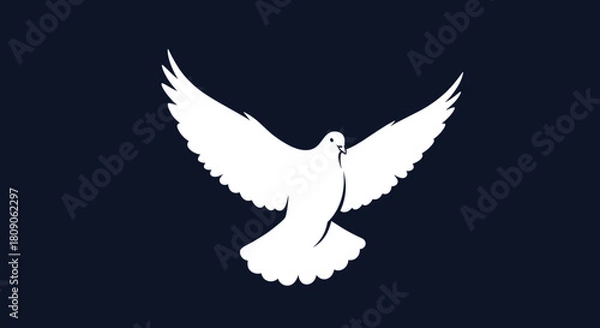Fototapeta Elegant white silhouette of a flying dove with wings spread wide against a solid dark blue background symbolizing peace and hope.