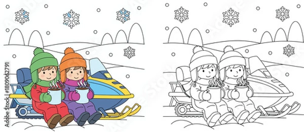 Fototapeta Coloring book page for kids with color guide. Two happy children sitting on a snowmobile drinking hot chocolate in a snowy winter landscape. Vector illustration outline.