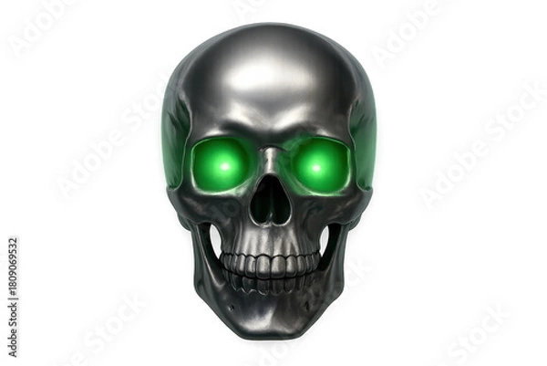Fototapeta Robot skull with glowing green eyes, depicting artificial intelligence, cyborg technology, and futuristic concepts