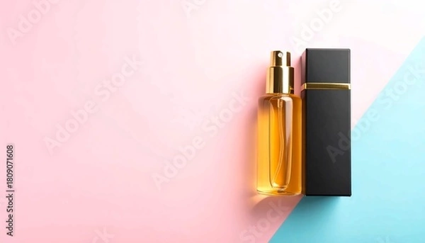 Fototapeta Luxury gold and black perfume spray bottle and packaging mockup on a stylish, diagonal background of soft pink and aqua blue, perfect for high-end beauty, cosmetic, and fragrance product presentations