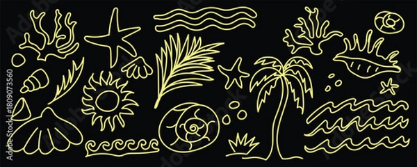 Fototapeta Gold Ocean Scene Sketches, Golden Beach Line Icons, Elegant Coastal Doodles