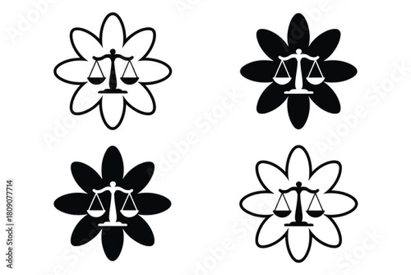 Obraz Four black and white illustrations of scales of justice within flower outlines balance legal