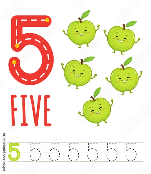 Fototapeta Number five for kids with cute cartoon apple. Learning to count. Math game with fruits for preschool and school children. Count and trace. Vector