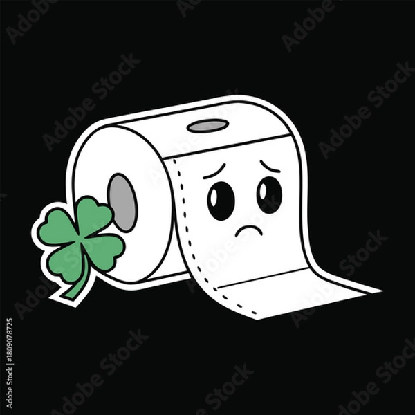 Fototapeta Sad Toilet Paper Roll with Four Leaf Clover Sticker illustration