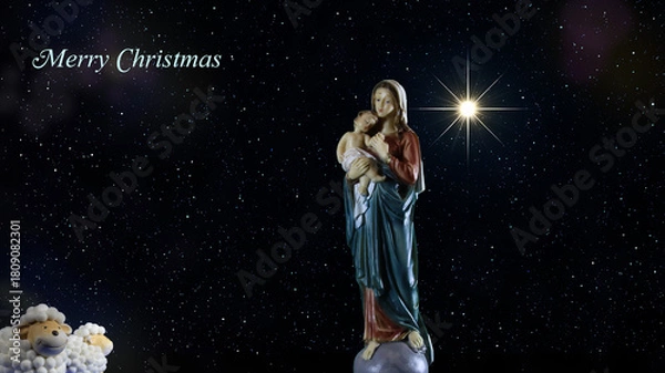 Obraz Starry Night Mother and Child
Holy mother with child beneath a glowing divine star.
