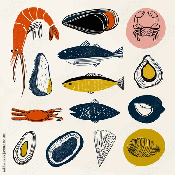 Obraz A doodle clipart set of seafood items including shrimp, mussel, fish fillet, crab claw, squid, oyster and scallop for food packaging and menu designs