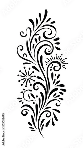 Obraz Black abstract floral swirl design element with dots and starburst shapes white