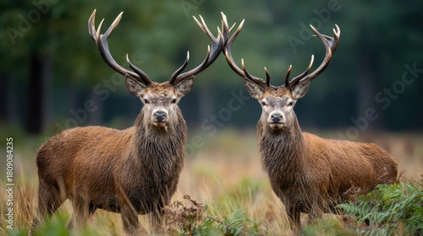 Obraz Two majestic male deer with large antlers standing alert in a grassy forest clearing during daylight with blurred deep green trees in the background