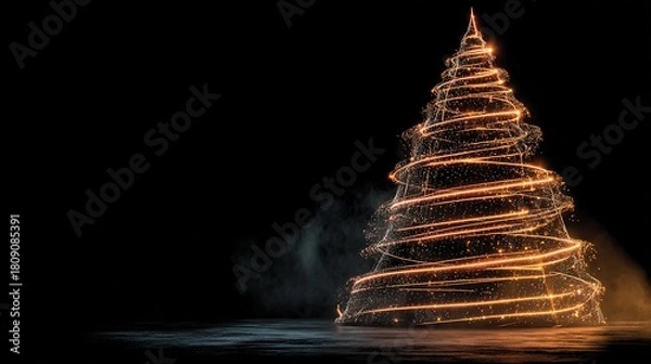 Fototapeta New-Year vertical banner: glowing gold-red Christmas tree bursts from dark, particle bokeh, right-side copy-space for promo text, ideal for brand thank-you post, app splash or in-store poster.