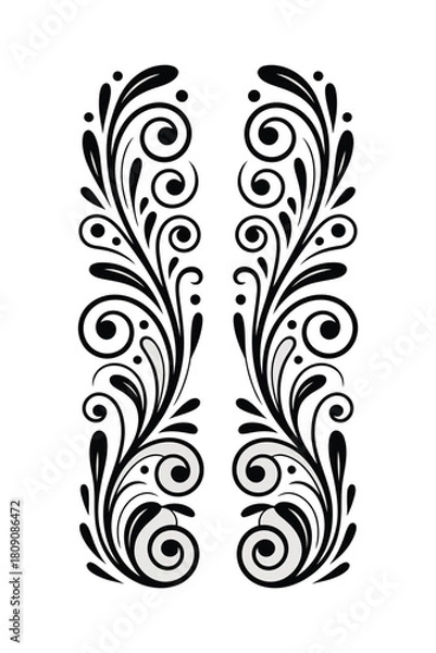 Fototapeta Black and white ornamental flourish with swirling vines and dots on white background scroll