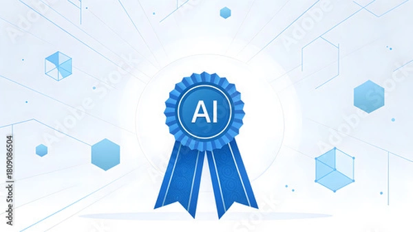 Fototapeta Blue award ribbon with ai symbol on futuristic background
