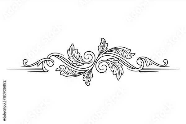 Fototapeta Black and white ornate floral scrollwork divider design with swirling leaves and tendrils flourish