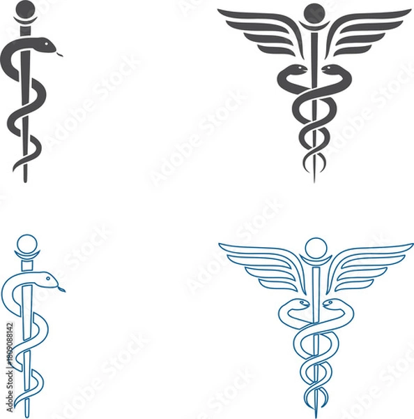 Fototapeta Minimal Caduceus symbol set featuring flat and outline variations, perfect for hospitals, wellness centers, digital health apps, and medical marketing visuals. High quality vector icons.
