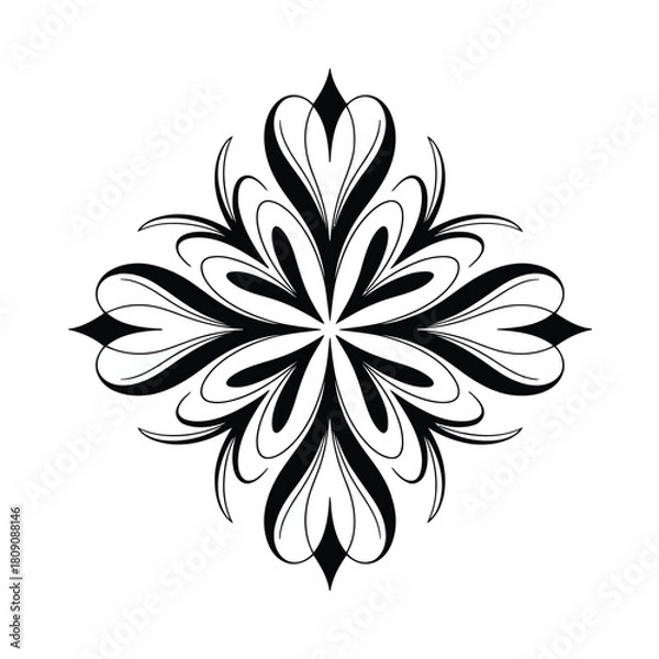 Fototapeta Black and white symmetrical ornamental flourish with petal like shapes and swirling lines decorative