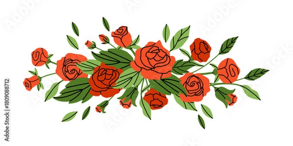 Obraz Roses composition. Red flowers and green leaves. Decorative element, frame, border and divider, underline. Bouquet with blossoms. Botanical garland. Vector cartoon flat style isolated illustration