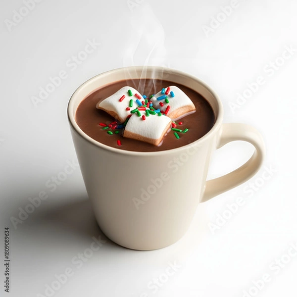 Fototapeta Steaming Hot Chocolate in a Beige Mug with Marshmallows