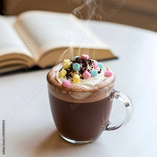 Fototapeta Steaming Hot Chocolate with Pastel Marshmallows and an Open Book