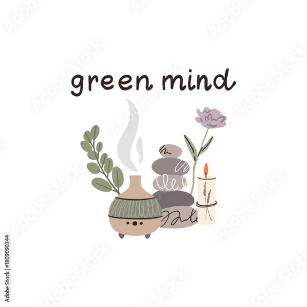 Obraz Green mind. Aromatherapy with candles diffuser. Spa stones. Massage relaxation, meditation and yoga. Alternative medicine. Vector cartoon flat isolated illustration
