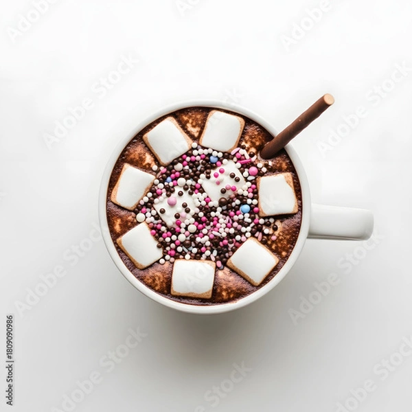 Fototapeta Top View of Hot Chocolate with Marshmallows and Pink Sprinkles