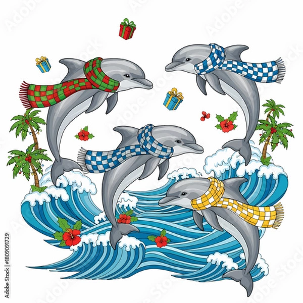 Obraz Vector illustration of dolphins wearing festive scarves, jumping over waves with tropical Christmas