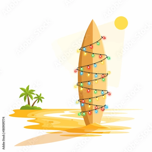 Obraz Tropical Christmas Surfboard with Decorative Lights on Sandy Beach
