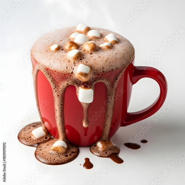 Fototapeta Overflowing Hot Chocolate with Marshmallows in a Red Mug
