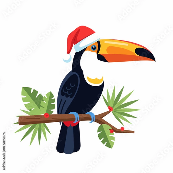 Obraz A vibrant vector illustration featuring a toucan wearing a red Santa hat, perched on a tropical branch with festive leaves