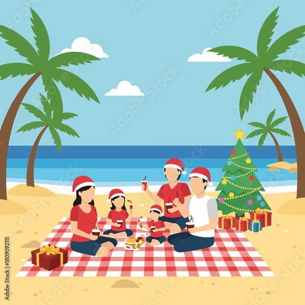 Obraz A cheerful vector illustration showing a family wearing Santa hats enjoying a holiday picnic on a sunny tropical beach with a decorated Christmas tree