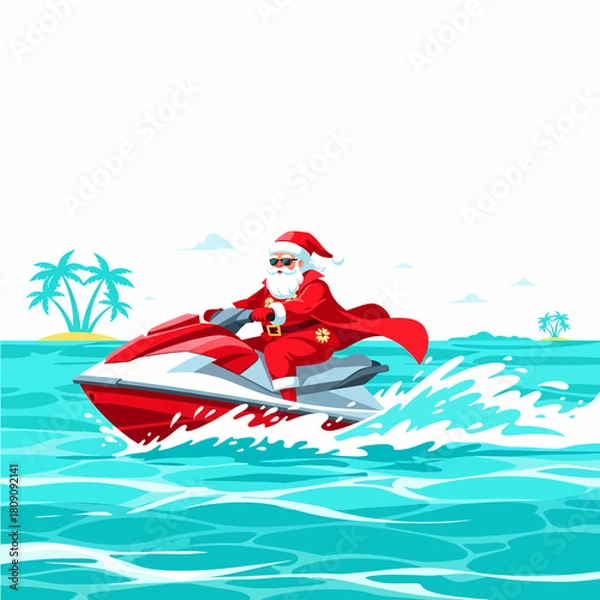 Fototapeta Vector illustration of a cool Santa Claus riding a jet ski across turquoise tropical water