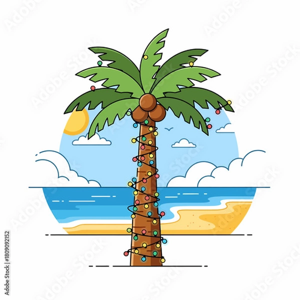 Obraz Flat illustration of a palm tree decorated with festive Christmas lights on a sunny, tropical beach background