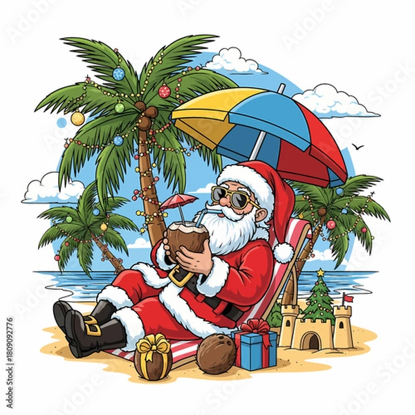 Obraz Santa Claus takes a well-deserved vacation, lounging on a tropical beach chair under a colorful umbrella while sipping a coconut drink