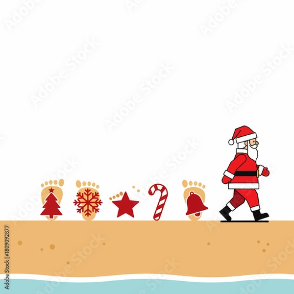 Obraz Vector illustration of Santa Claus walking on a tropical beach leaving footprints containing Christmas symbols