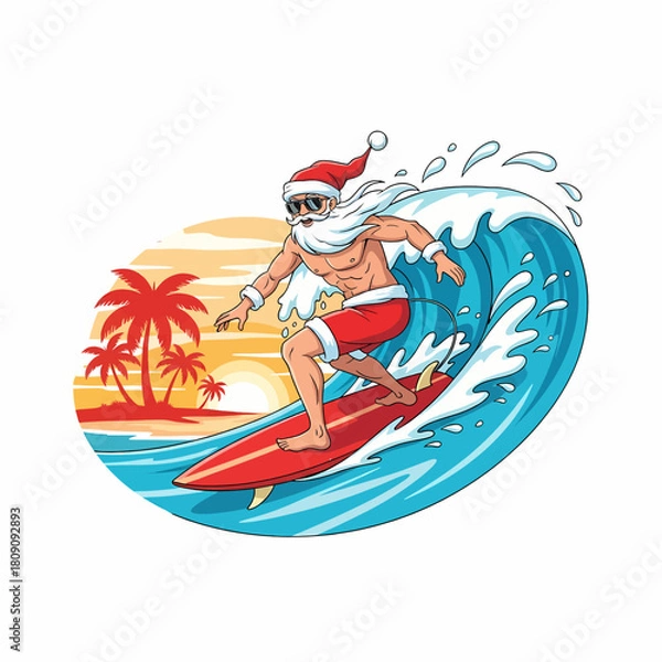 Obraz Dynamic vector illustration of Santa Claus, tanned and muscular, riding a wave on a surfboard under a tropical sunset