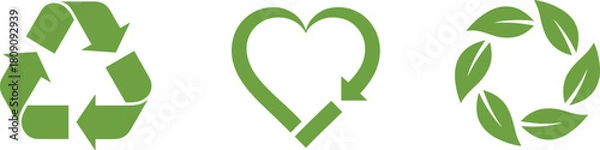 Fototapeta Stylized vector graphic set of five green leaf icons, symbolizing ecology, organic products, sustainable living, nature conservation, and healthy bio elements.