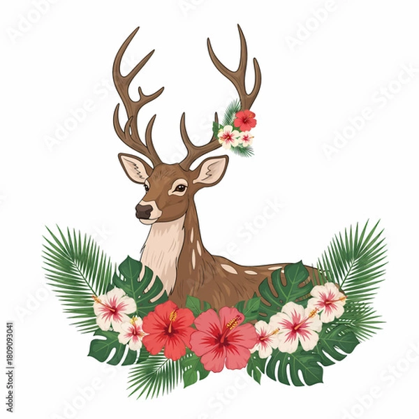 Obraz Vector illustration of a deer adorned with vibrant red and pink hibiscus flowers and lush tropical palm foliage