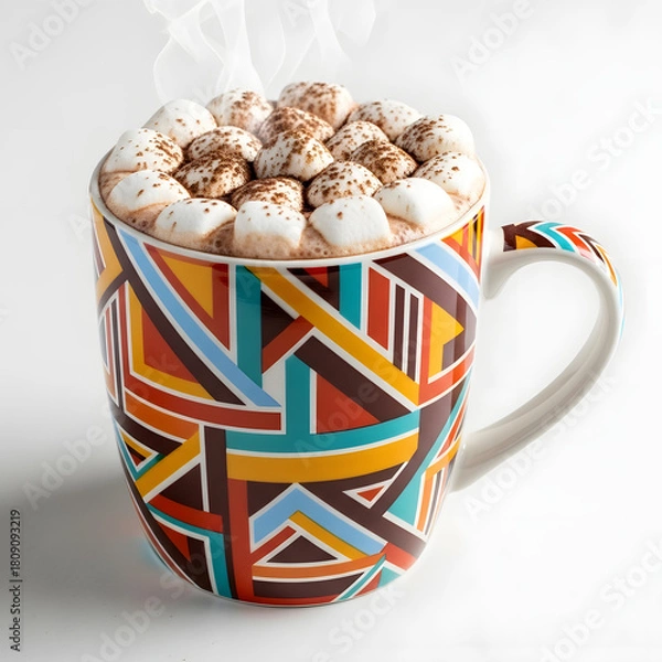 Fototapeta Steaming Hot Chocolate in a Beige Mug with Marshmallows