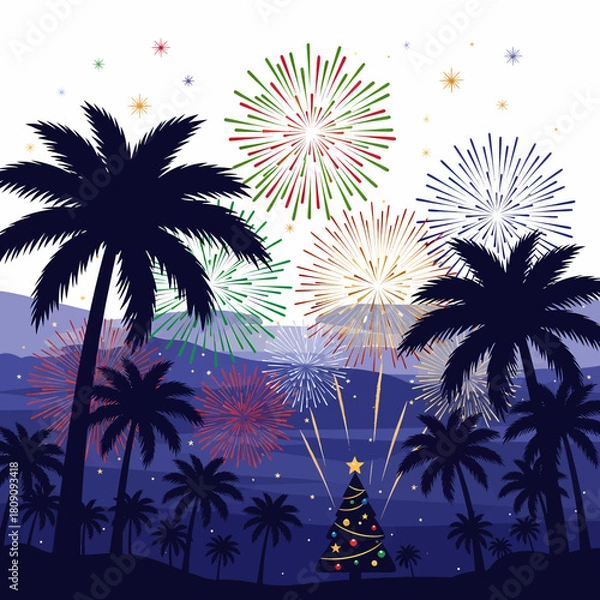 Obraz Vector illustration depicting a festive tropical beach scene at night, featuring palm tree silhouettes against a backdrop of colorful celebratory fireworks over the ocea