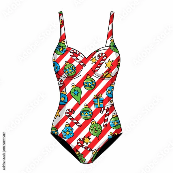 Obraz A fun cartoon illustration of a festive one-piece swimsuit featuring a vibrant Christmas pattern with ornaments, candy canes, and gift boxes over red and white stripes