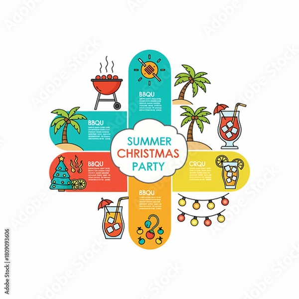 Obraz Summer Christmas Party BBQ Infographic with Beach and Cocktail Icons