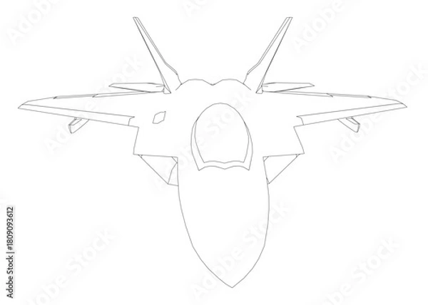 Fototapeta Black and white fighter jet contour drawing with sleek aerodynamic design, pointed nose, and detailed open cockpit revealing engines.