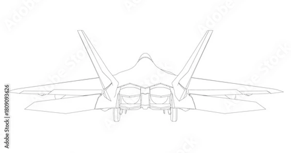 Obraz Fighter jet contour drawing with sleek aerodynamic design, two wings, tail fin, and visible engines. This printable coloring page brings the combat aircraft to life.