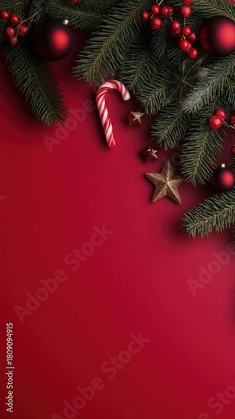 Fototapeta Decorative Christmas frame crafted from lush green fir branches adorned with red and gold elements like candy canes, stars, and berries against a bright red backdrop, perfect for seasonal greetings