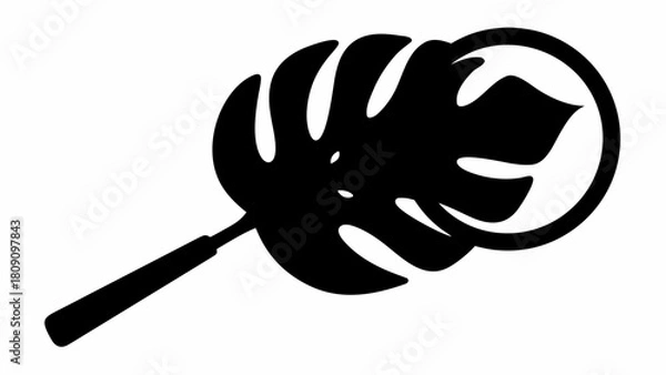 Fototapeta A black and white silhouette of a monstera leaf within a circular magnifying glass design element